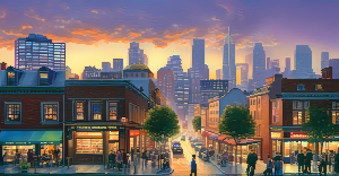 A cityscape at sunset with modern skyscrapers and historic buildings, featuring outdoor cafes and a cultural heritage site in the background.