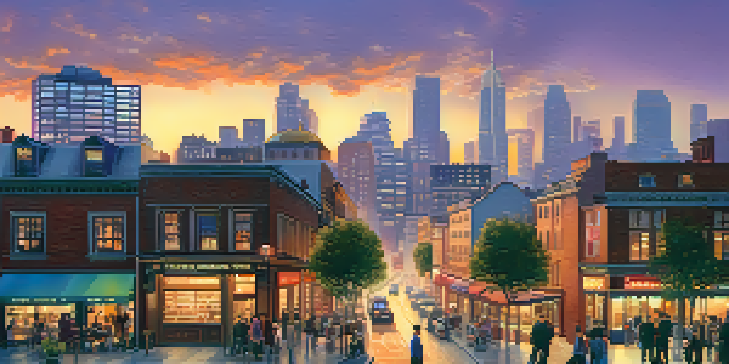A cityscape at sunset with modern skyscrapers and historic buildings, featuring outdoor cafes and a cultural heritage site in the background.