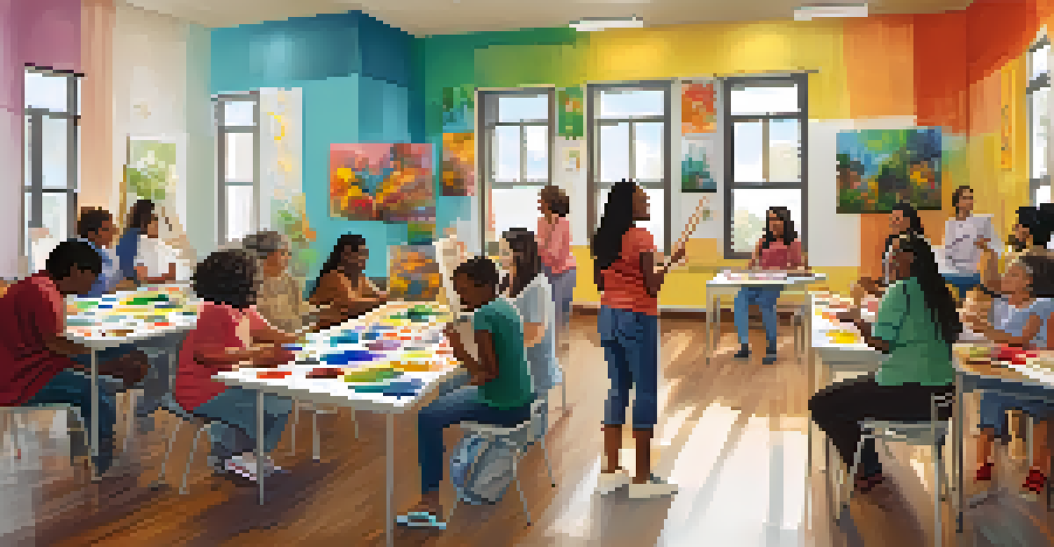 A diverse group of people participating in an art therapy session at a community center, creating art together.
