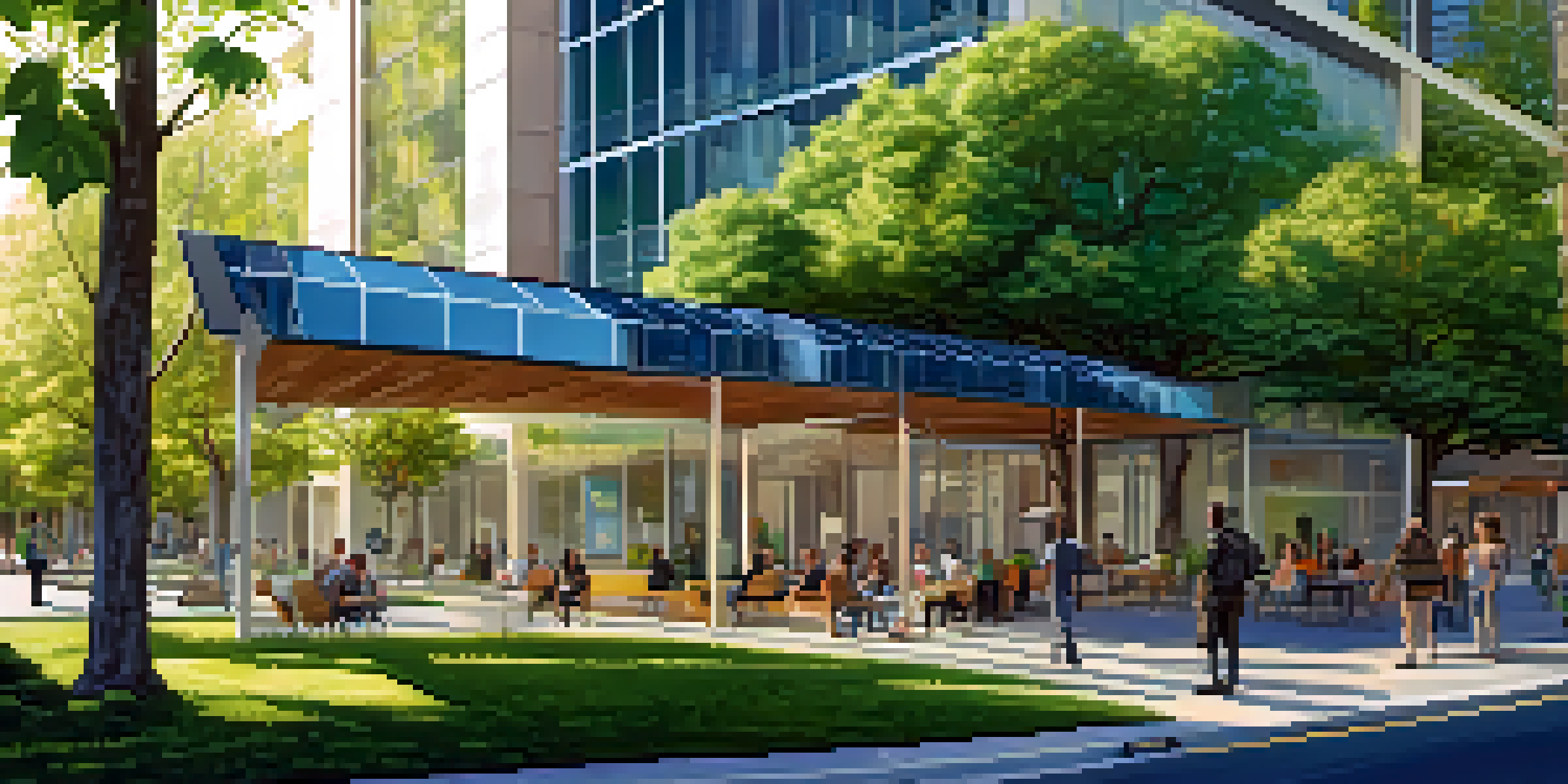 A modern tech office building in San Jose with green features, surrounded by trees and solar panels, with people outside discussing sustainability.