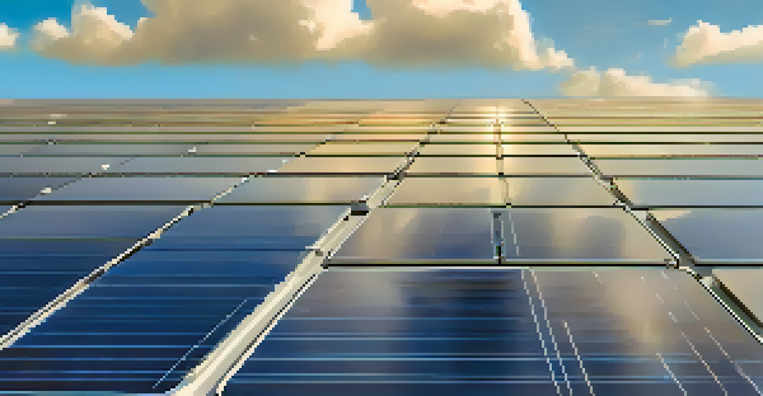 Close-up of modern solar panels glistening in sunlight against a blue sky with clouds.