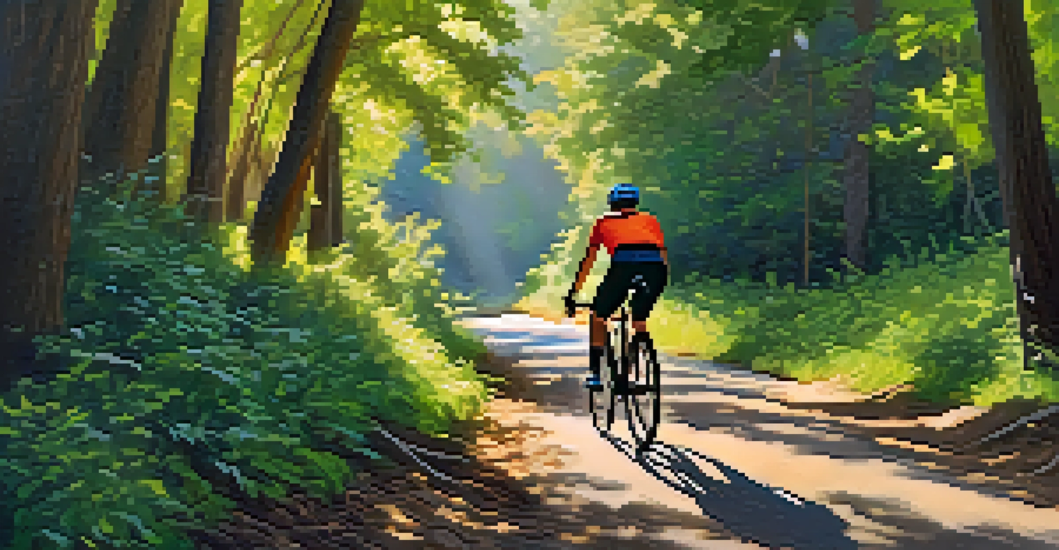 A cyclist on the Los Gatos Creek Trail with trees and a creek, illuminated by sunlight filtering through the leaves.