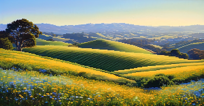 A scenic view of golden hills and colorful wildflowers in San Jose, California under a sunny blue sky.