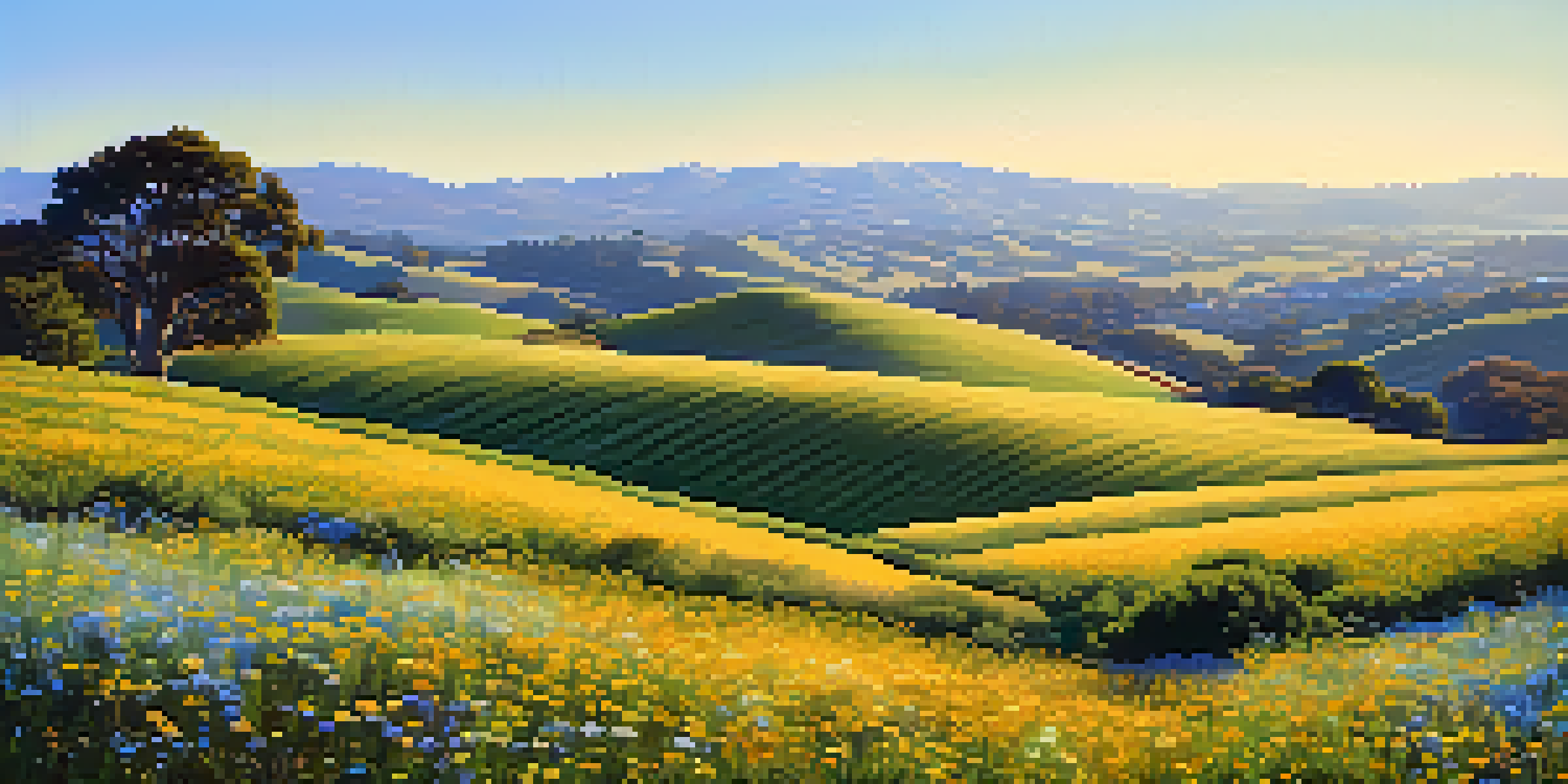 A scenic view of golden hills and colorful wildflowers in San Jose, California under a sunny blue sky.
