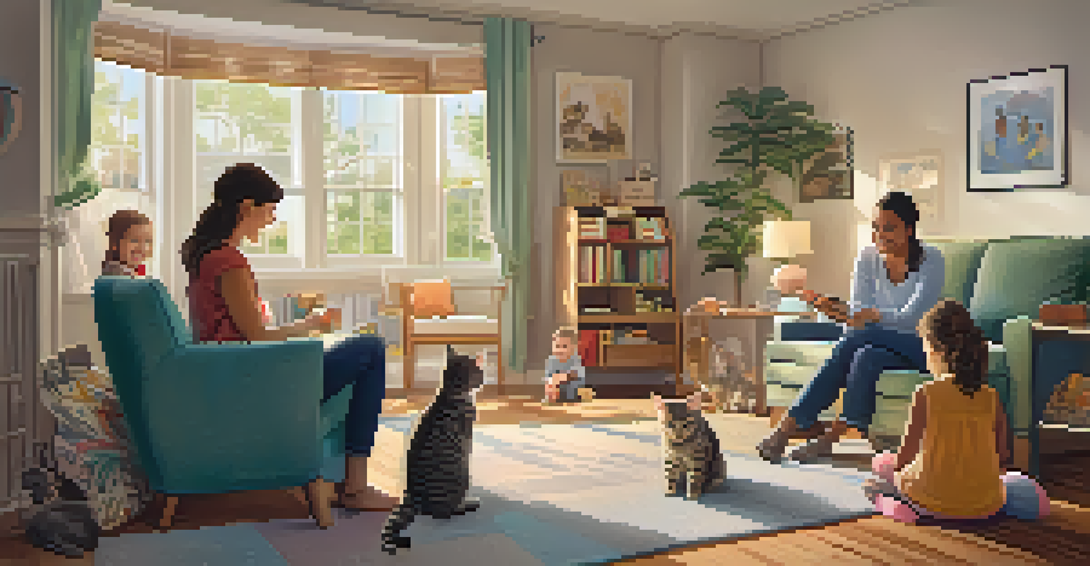 A family happily introducing their new tabby cat to their children in a cozy living room filled with pet toys.