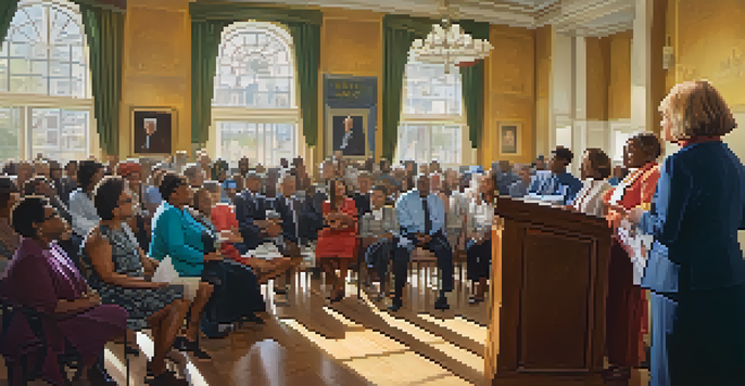 A diverse group of female political leaders engaging with community members in a town hall meeting, surrounded by a crowd.