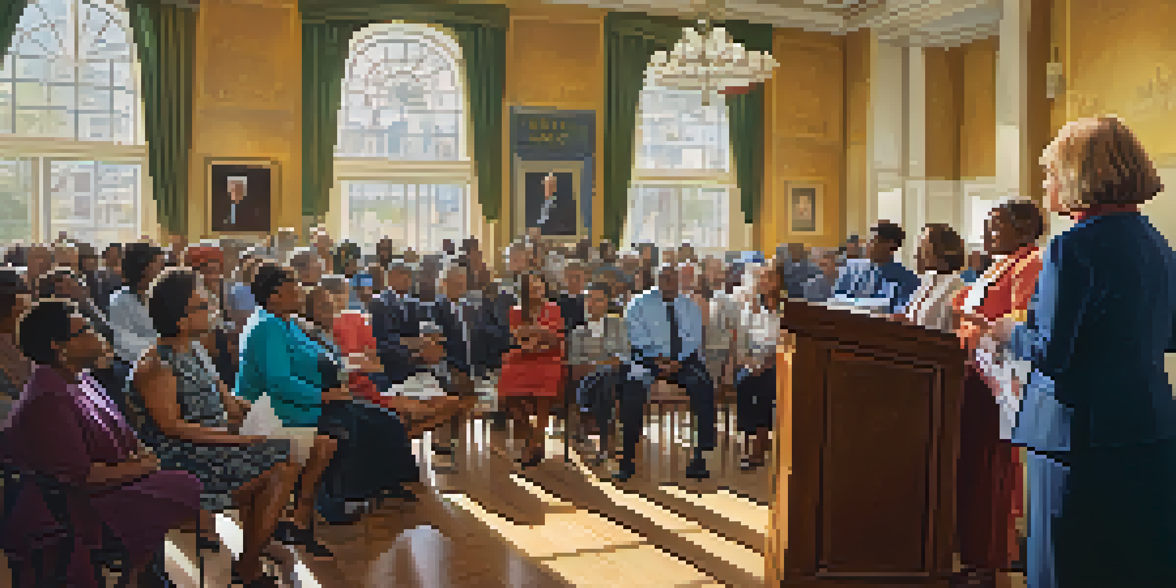 A diverse group of female political leaders engaging with community members in a town hall meeting, surrounded by a crowd.