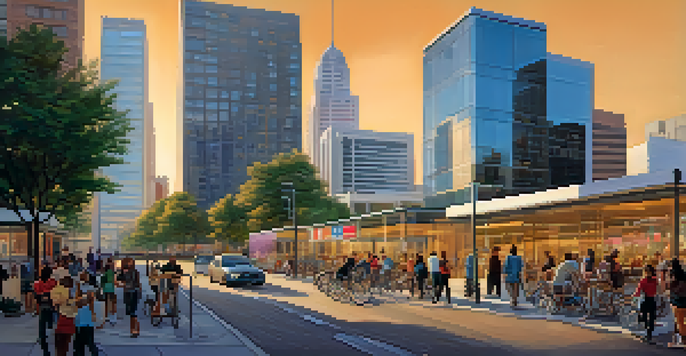 A lively urban scene in San Jose with modern buildings, professionals interacting, and a warm sunset.