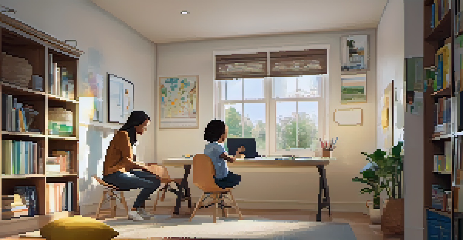 A parent helping a child with online learning at a cozy home study space, featuring a laptop and educational materials.