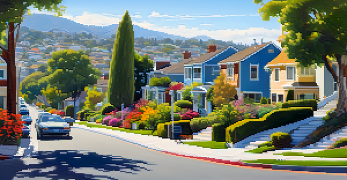 A family walking their dog on a tree-lined street in a vibrant San Jose neighborhood, surrounded by modern homes and lush greenery.