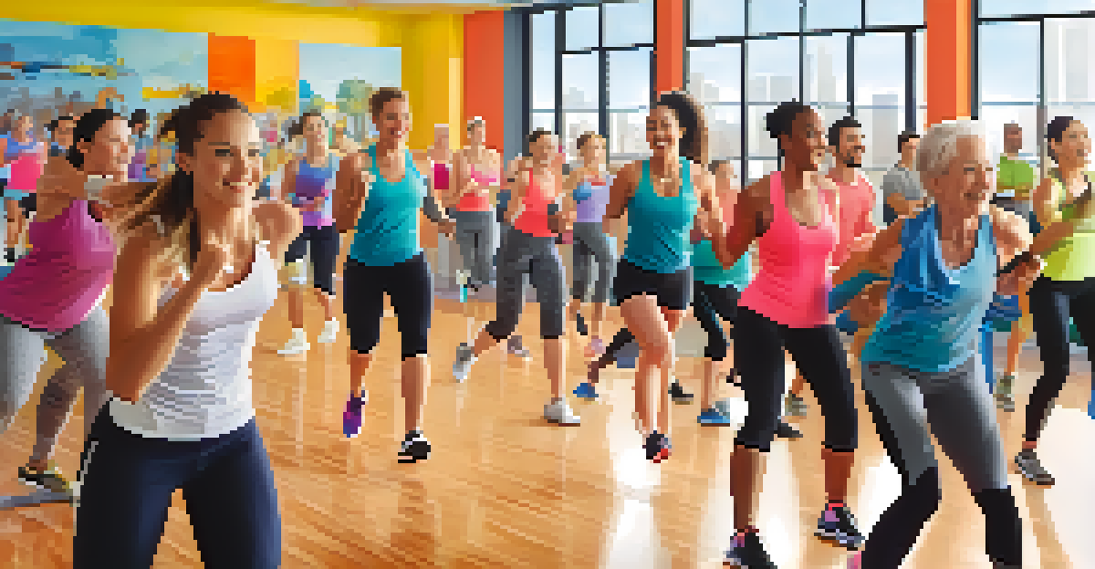 A lively group fitness class in a modern gym with participants engaged in a high-intensity workout.