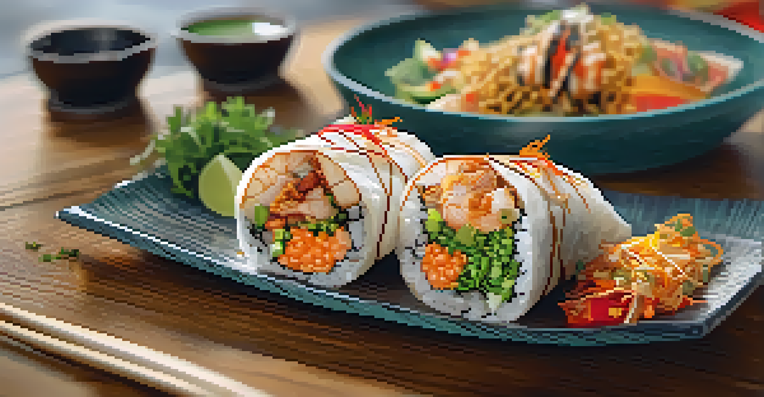 A fusion dish showcasing a sushi burrito and Korean tacos on a wooden table, highlighting colorful ingredients.