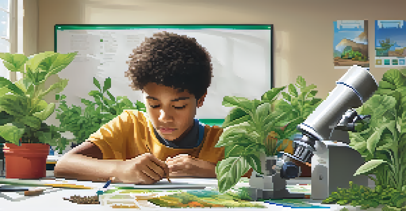 A student examining plants under a microscope in a bright classroom focused on environmental science and sustainability.