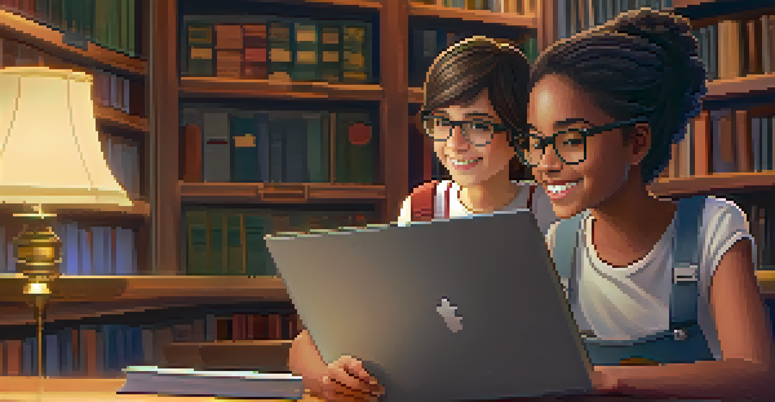 A librarian helping a young student with coding on a laptop in a cozy library corner filled with books.