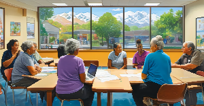 A community center filled with seniors participating in a legal rights workshop, with bright lighting and informative posters.