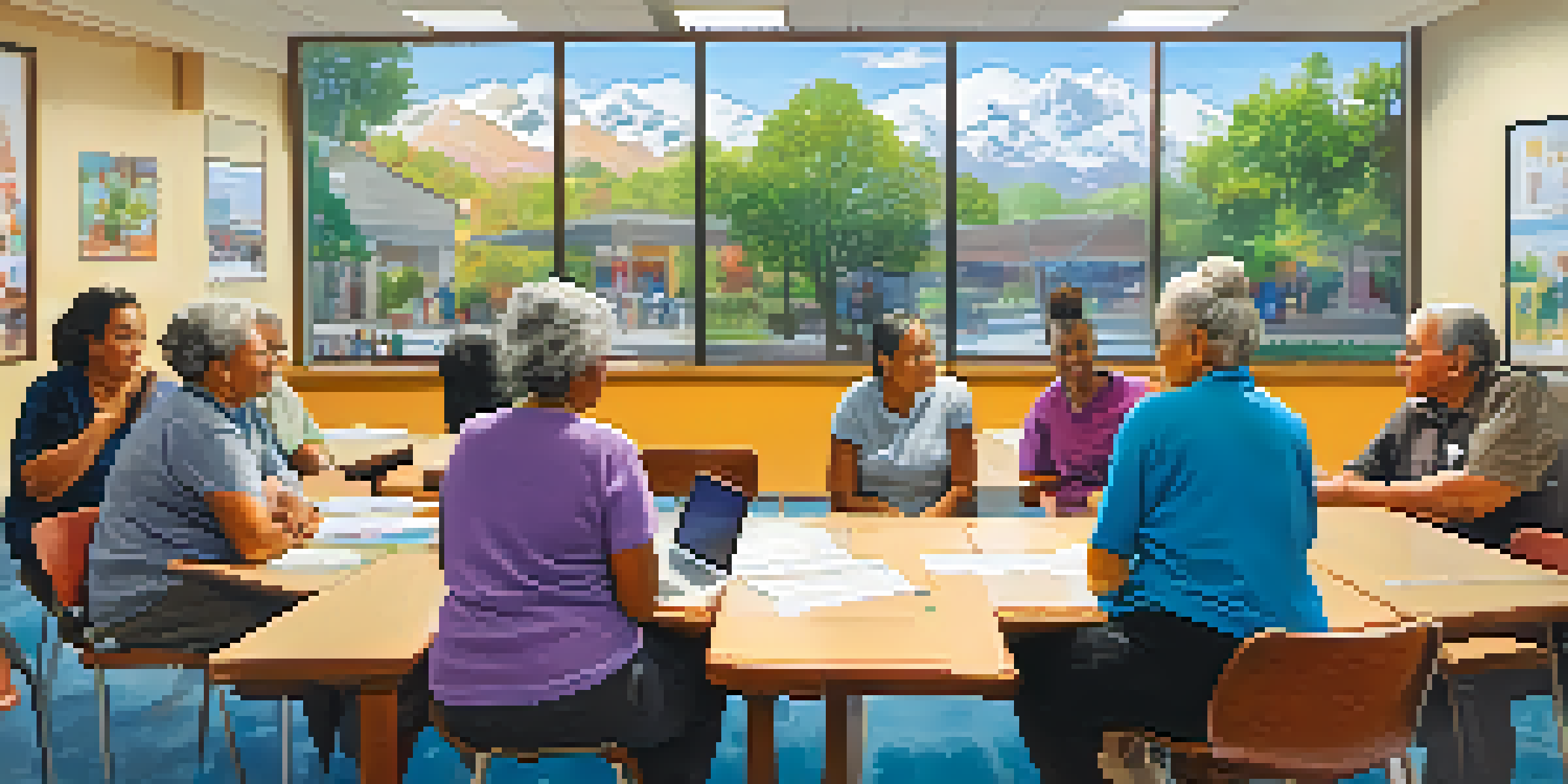 A community center filled with seniors participating in a legal rights workshop, with bright lighting and informative posters.