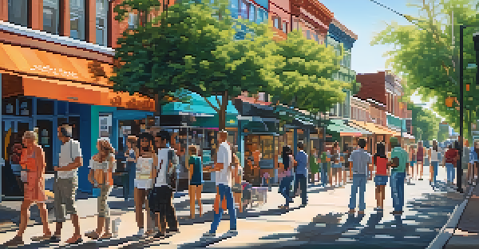 A lively city street filled with colorful murals and diverse people interacting with the art, surrounded by greenery and local businesses under bright sunlight.