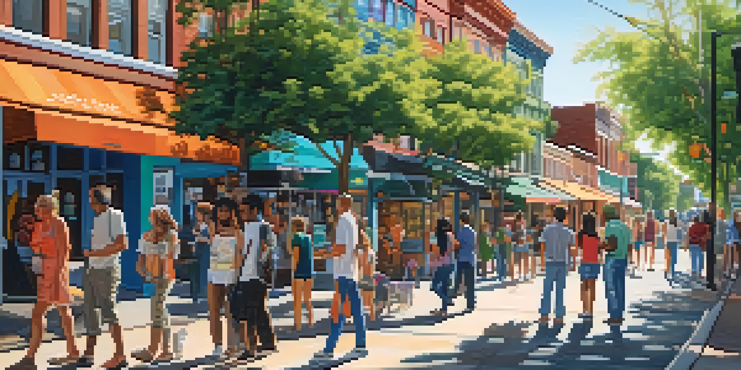 A lively city street filled with colorful murals and diverse people interacting with the art, surrounded by greenery and local businesses under bright sunlight.
