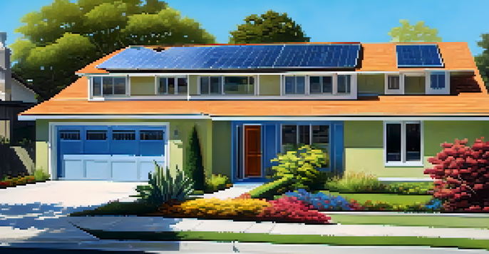 A suburban home in San Jose with solar panels on the roof, surrounded by a colorful garden and clear blue sky.
