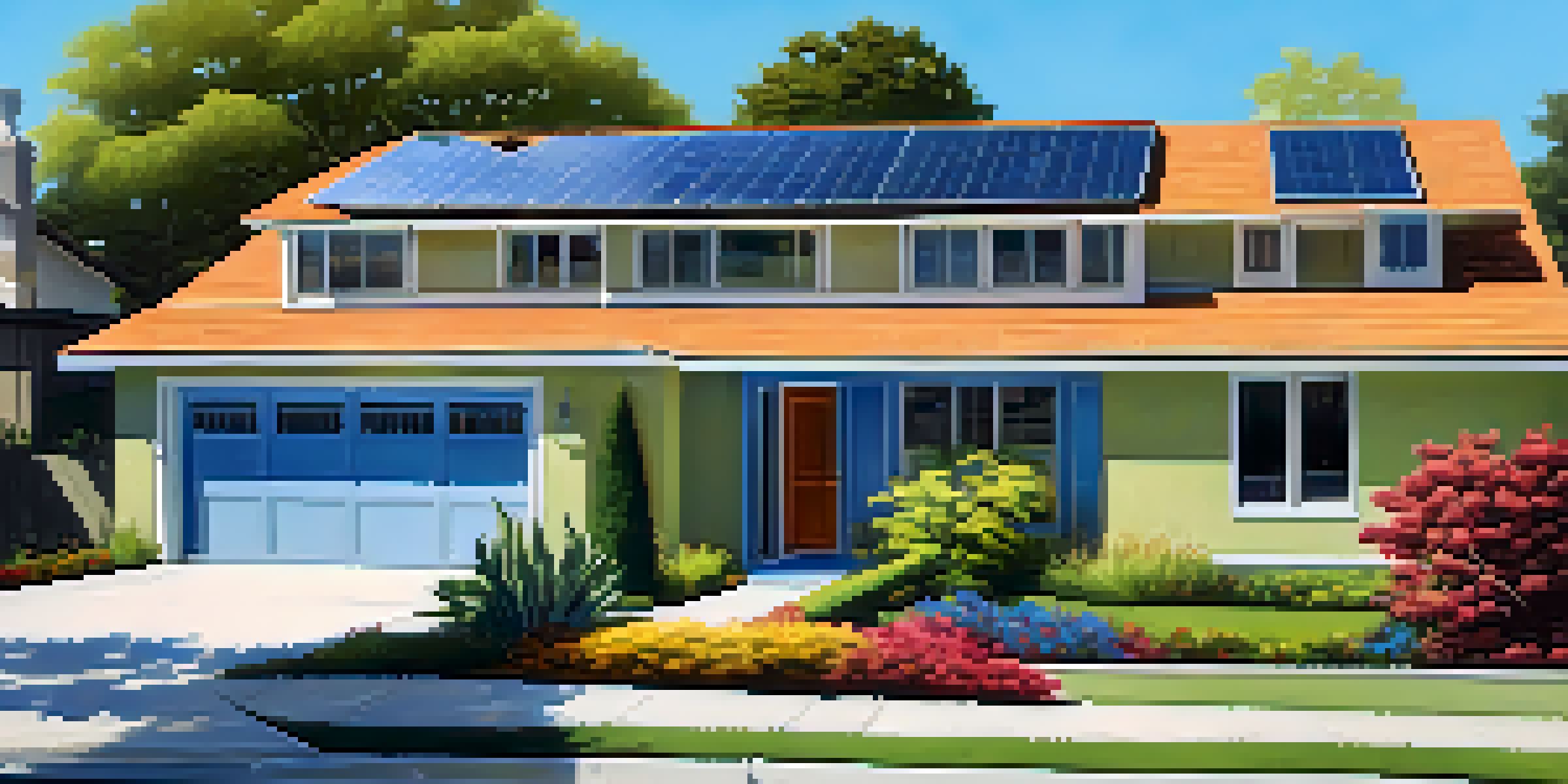 A suburban home in San Jose with solar panels on the roof, surrounded by a colorful garden and clear blue sky.