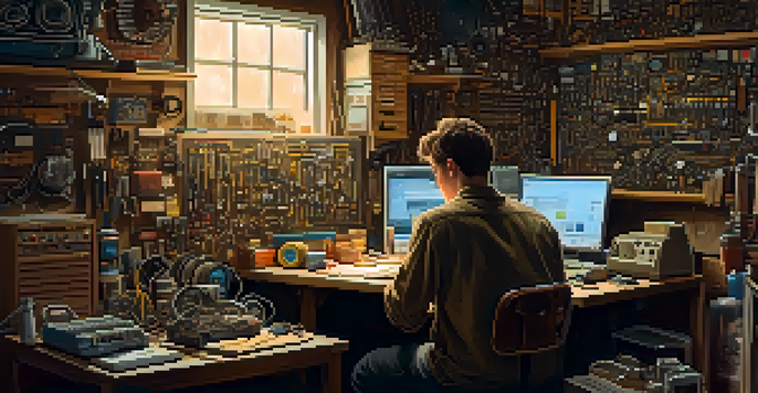 A young entrepreneur working in a cluttered garage filled with vintage tools and computer parts, sketching ideas on a notepad.