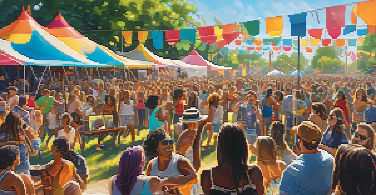 An outdoor music festival with a diverse crowd, colorful banners, and a band performing on stage.