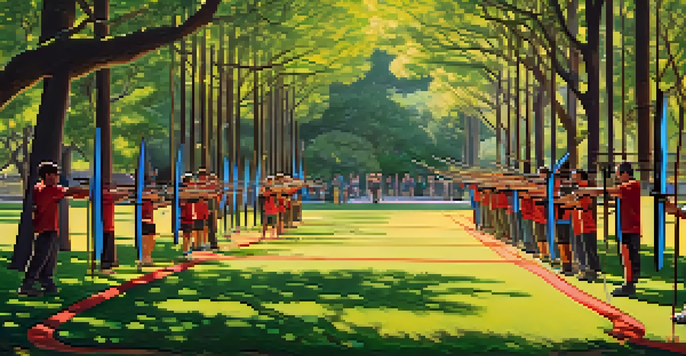 A group of archers aiming at colorful targets in a lush outdoor setting, with sunlight filtering through the trees.