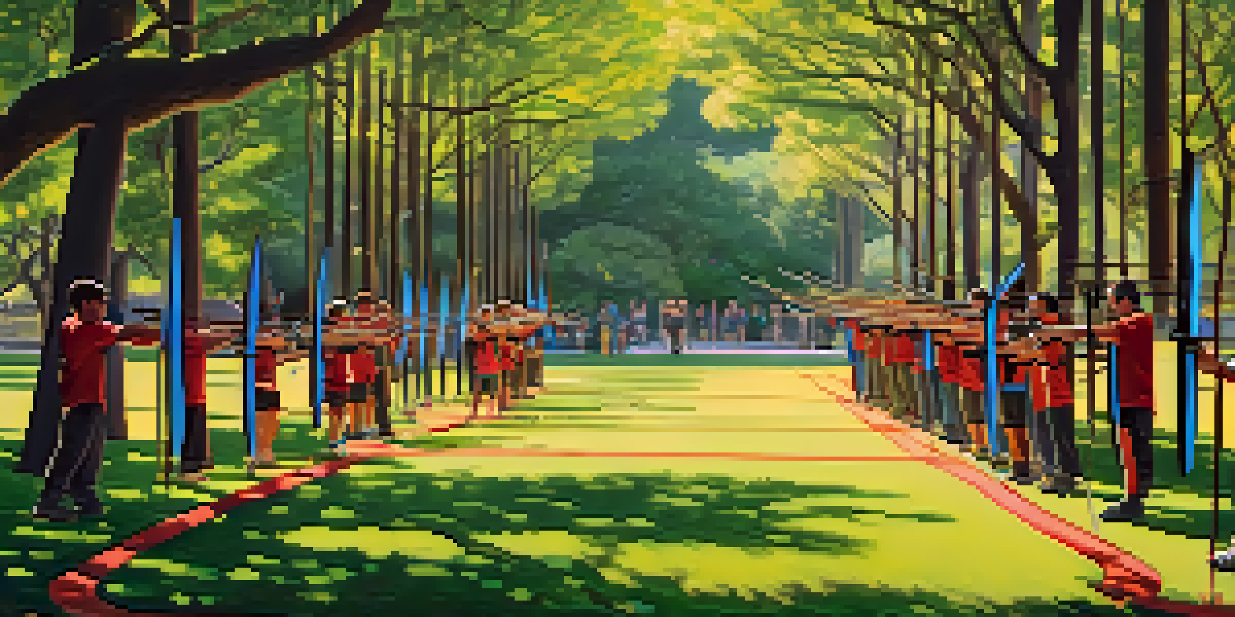 A group of archers aiming at colorful targets in a lush outdoor setting, with sunlight filtering through the trees.