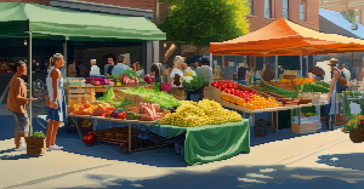 A close-up of a vibrant farmer's market with fresh produce and flowers during a Car-Free Day, showcasing community engagement.