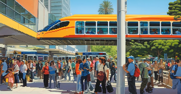 A busy transit station in San Jose with diverse commuters and bright advertisements, under sunny lighting.