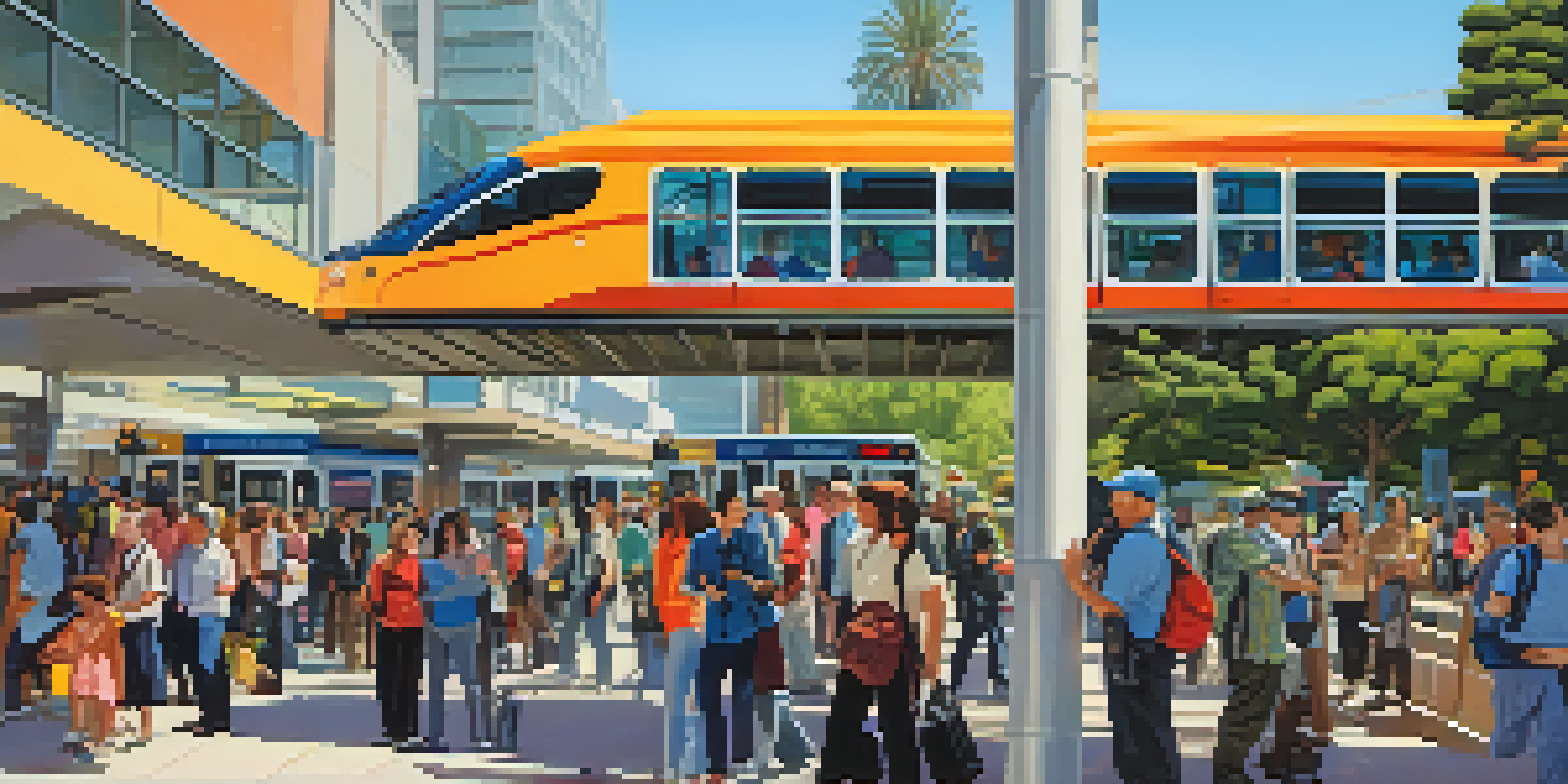 A busy transit station in San Jose with diverse commuters and bright advertisements, under sunny lighting.