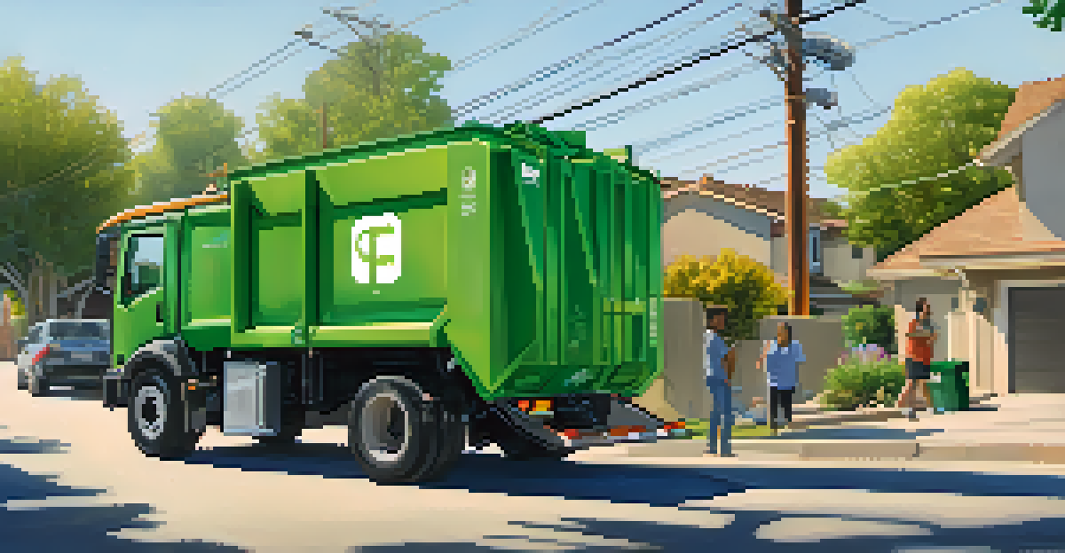 An electric waste collection truck in a residential area of San Jose, unloading waste into a smart bin, with solar panels on its roof.