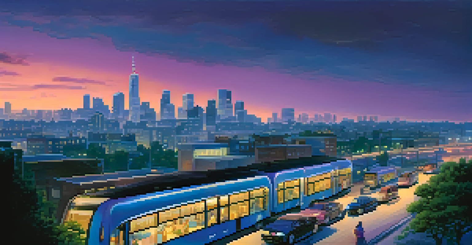 A city skyline at dusk with illuminated electric buses and people enjoying clean outdoor spaces.