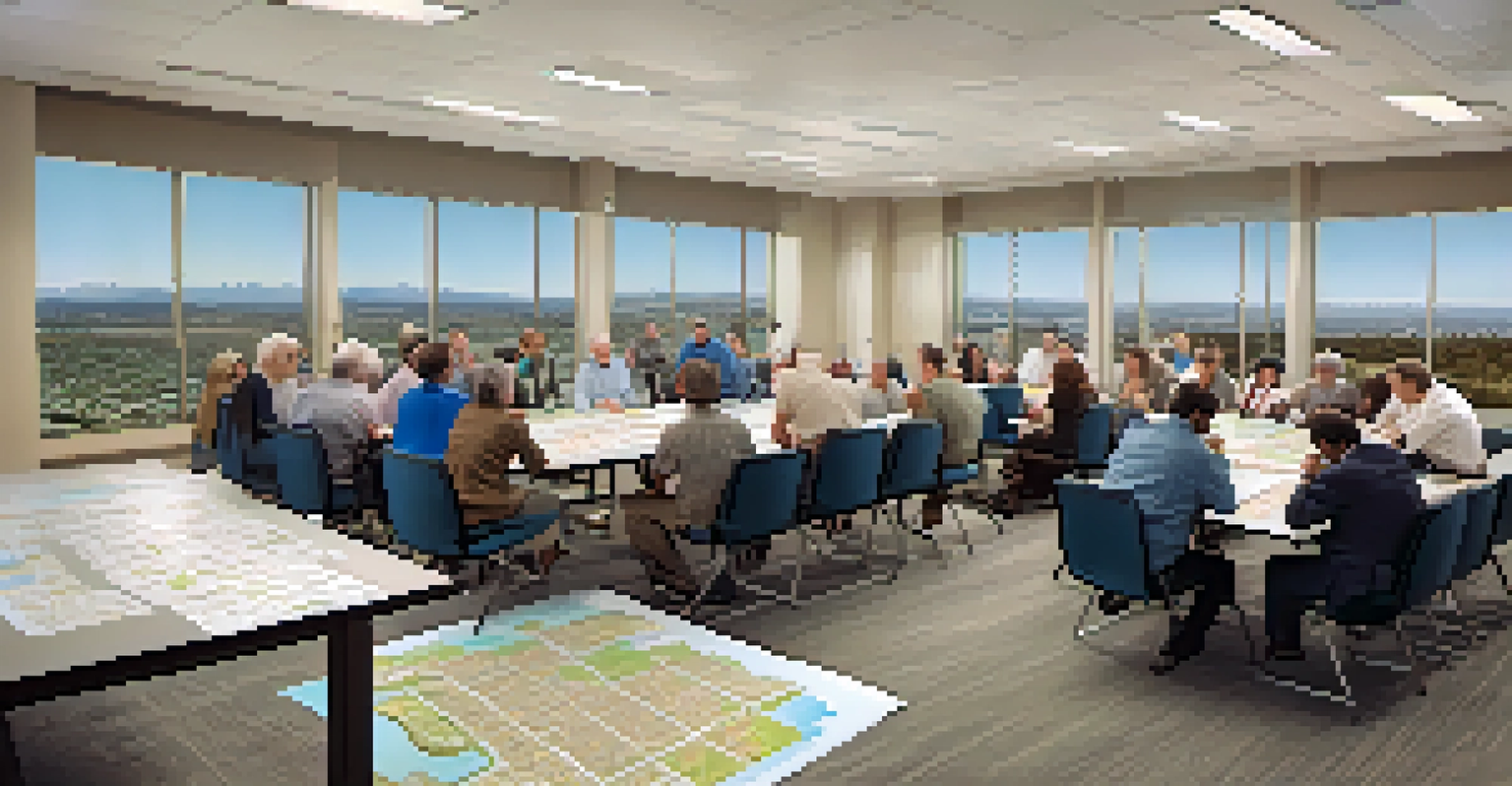 A city planning meeting in San Jose with planners and community members discussing zoning maps.