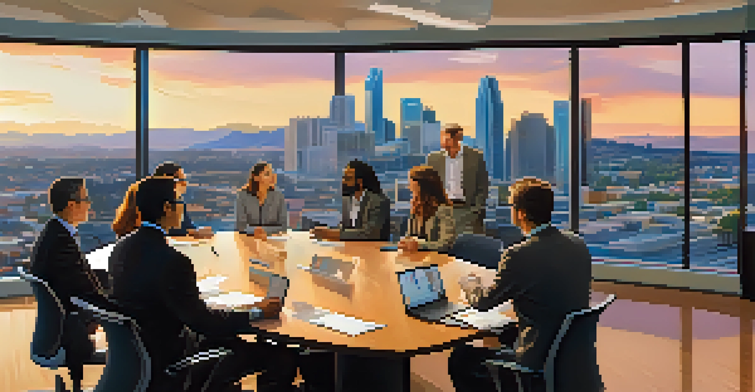 A meeting between biotech company representatives and academic researchers in a conference room with a view of San Jose's skyline, discussing innovative healthcare solutions.