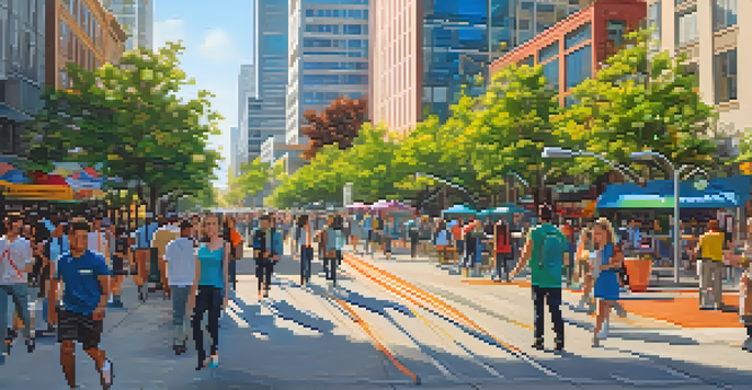 A busy street in San Jose with tech workers walking, modern buildings, and greenery.