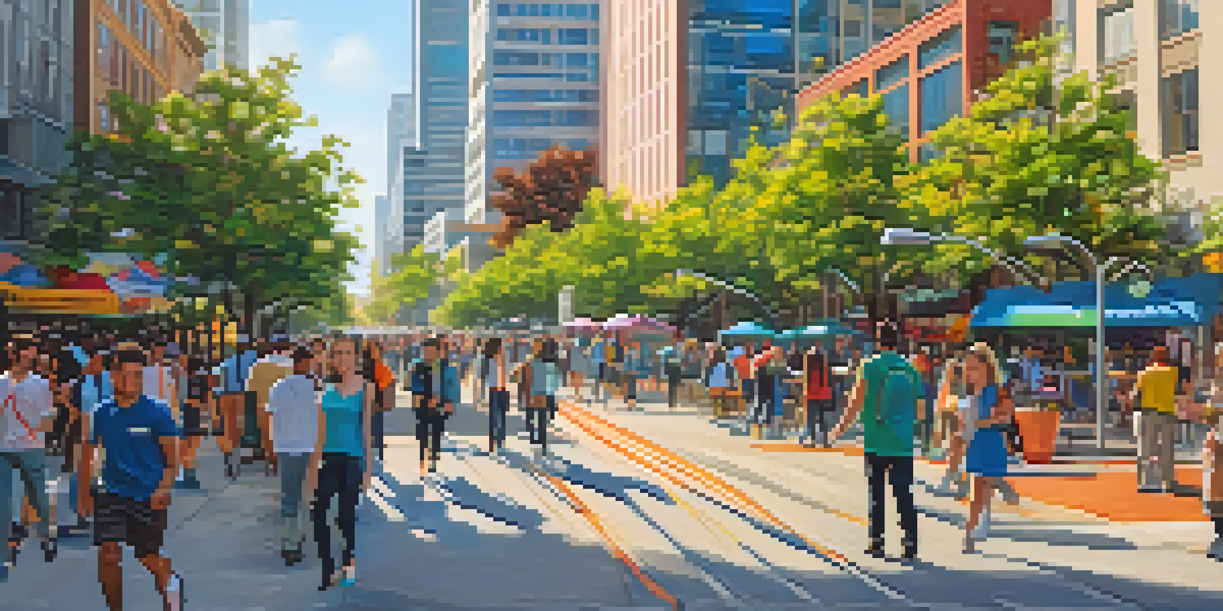 A busy street in San Jose with tech workers walking, modern buildings, and greenery.