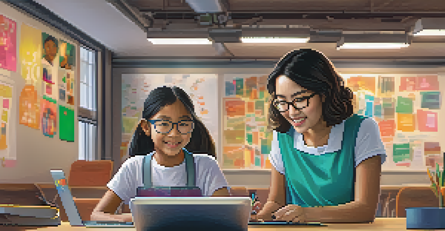 A woman mentor guiding a young girl at a coding workshop, with colorful posters in the background.
