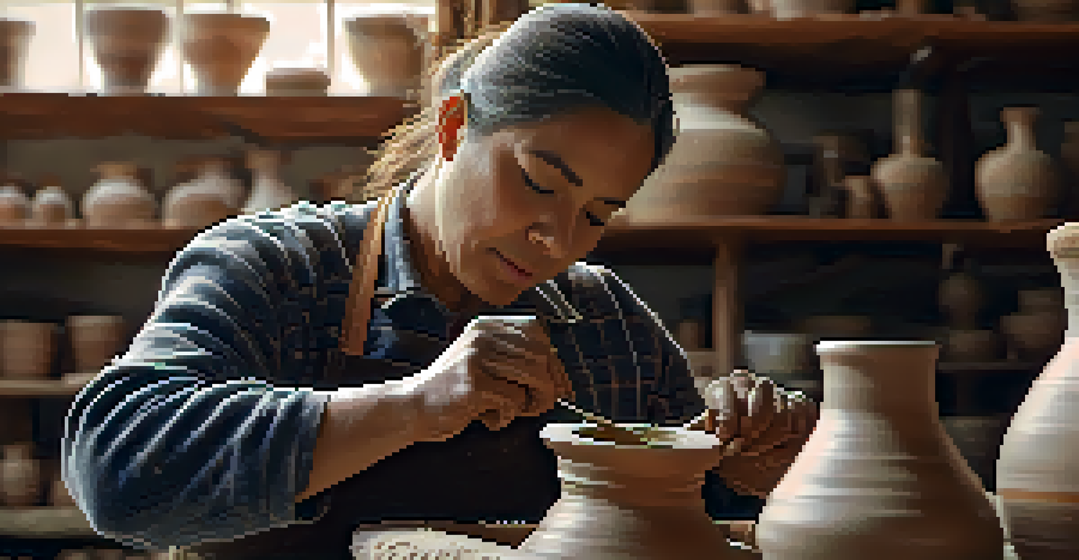 A pottery artisan shaping clay on a wheel in a workshop, surrounded by handmade ceramics and tools, illuminated by natural light.
