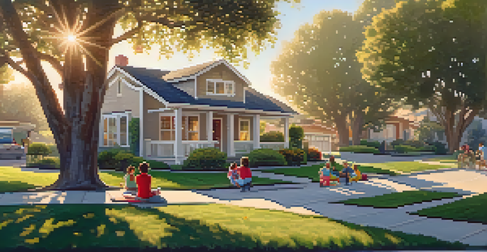 A peaceful suburban neighborhood with a family picnicking on a lawn and children playing, showcasing a spacious home surrounded by trees during sunset.
