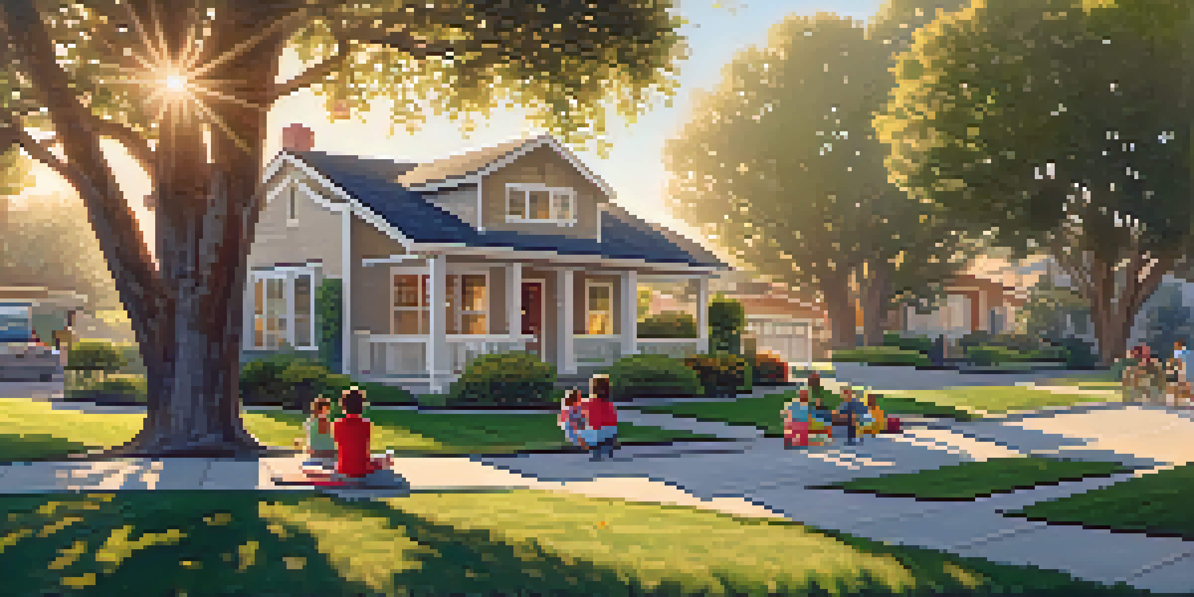 A peaceful suburban neighborhood with a family picnicking on a lawn and children playing, showcasing a spacious home surrounded by trees during sunset.