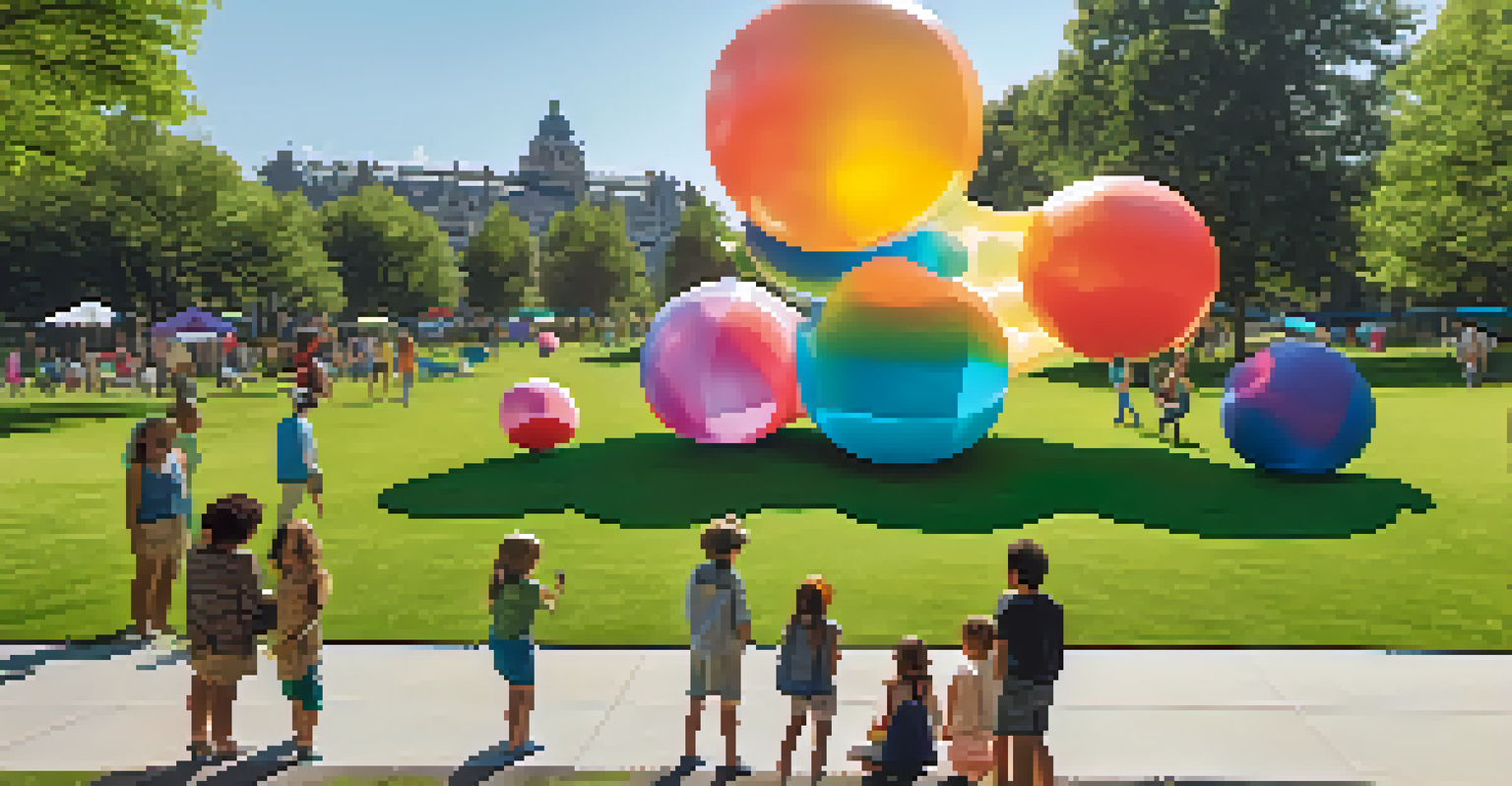 Outdoor interactive inflatable sculptures in a park, with families engaging and bright colors under a sunny sky.