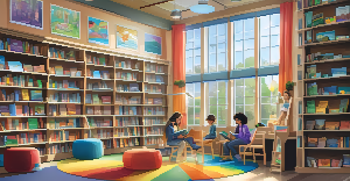 A lively library with children participating in storytelling, surrounded by bookshelves and bright decor.