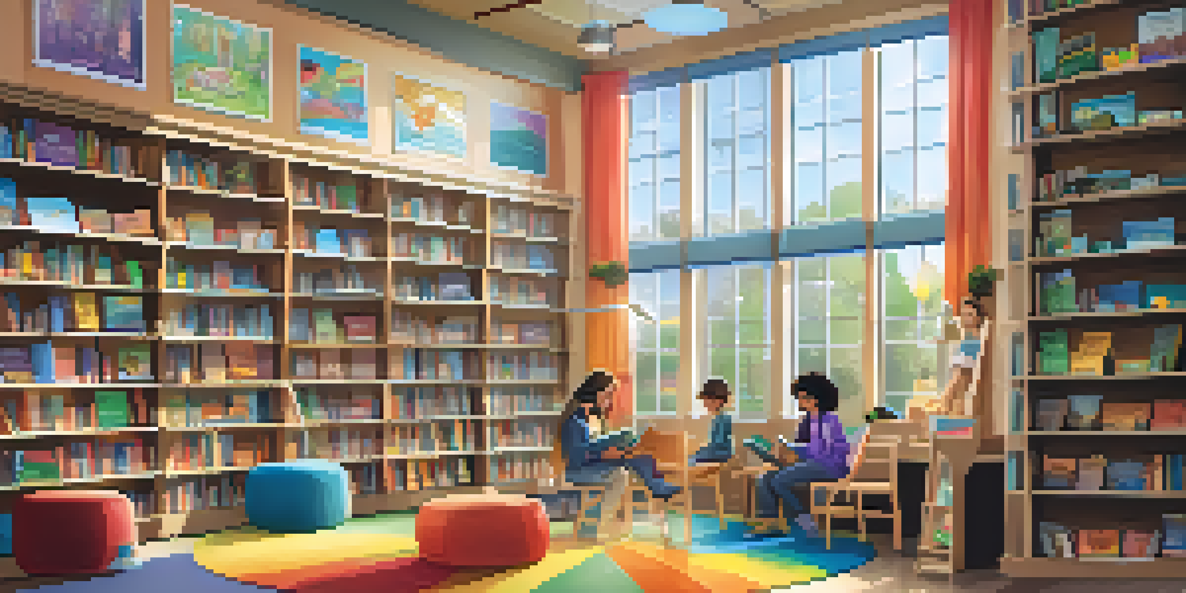 A lively library with children participating in storytelling, surrounded by bookshelves and bright decor.