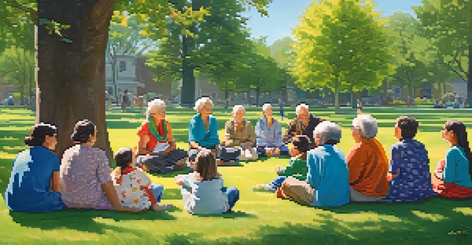 A diverse group of children and seniors sharing stories in a sunny park filled with flowers and trees.