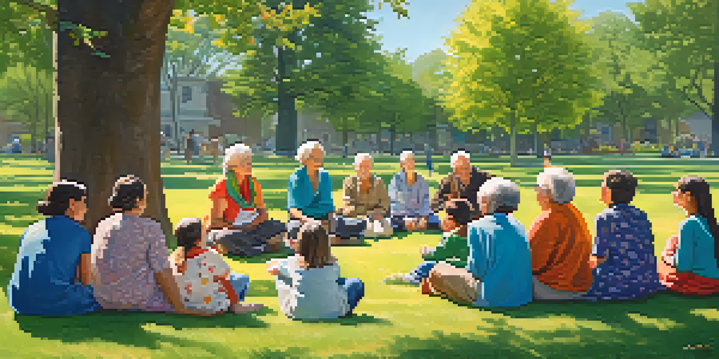 A diverse group of children and seniors sharing stories in a sunny park filled with flowers and trees.