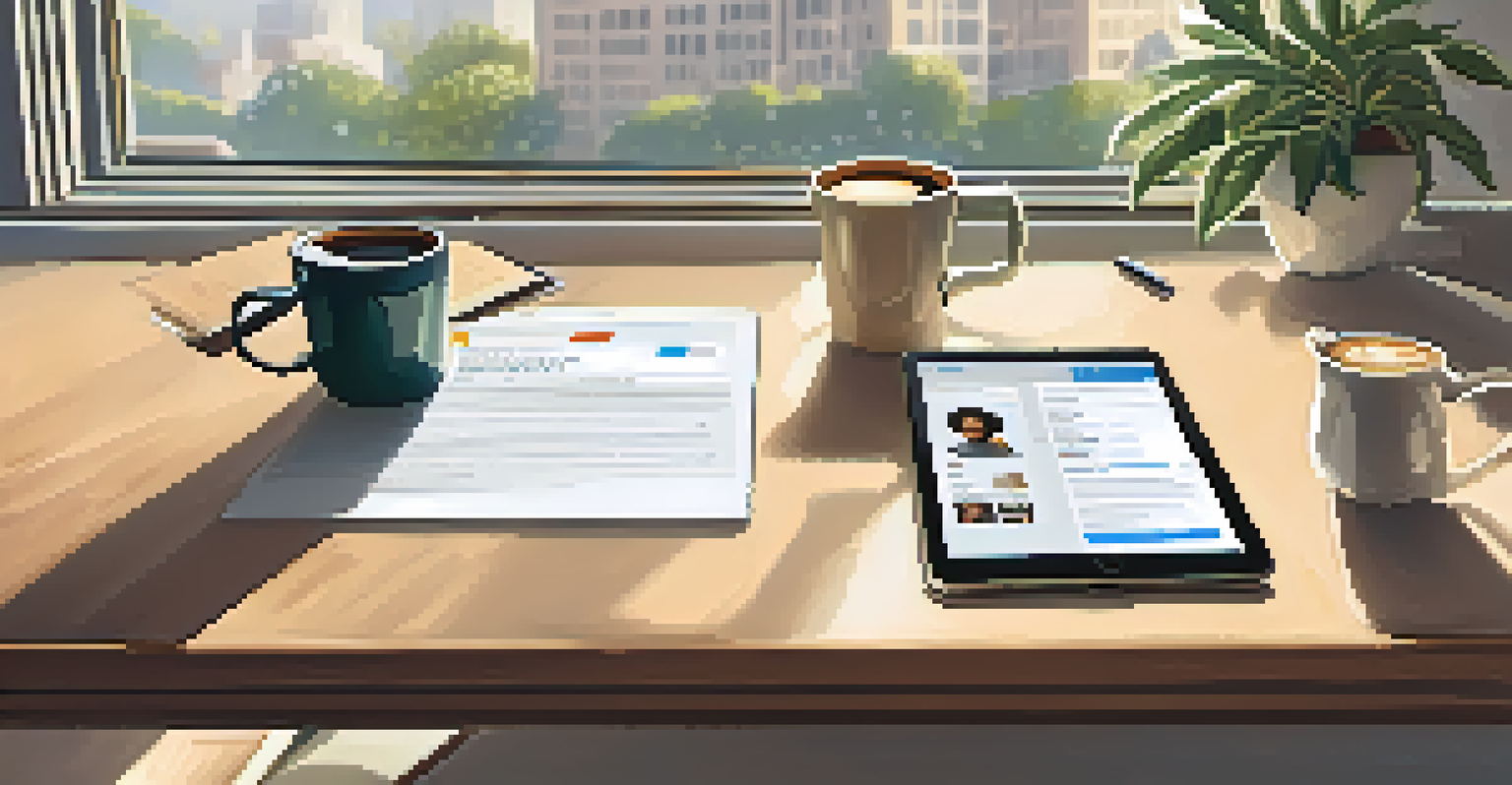 A desk setup illustrating the networking follow-up process with a laptop, notepad, and smartphone.