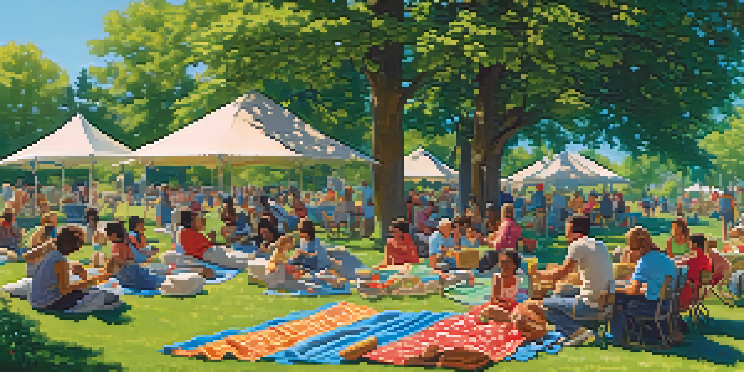 A diverse group of people enjoying a community picnic in a park, surrounded by trees and flowers. Children are playing games while adults discuss local initiatives.