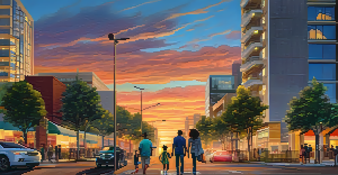 A lively street in San Jose with people walking, a couple holding hands, and a family looking at a real estate tablet. The sunset adds warm colors to the scene.