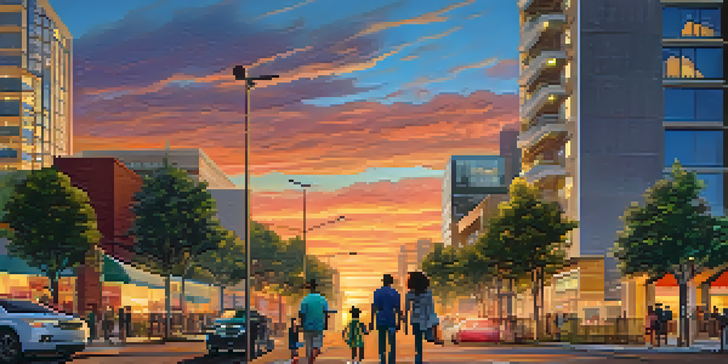 A lively street in San Jose with people walking, a couple holding hands, and a family looking at a real estate tablet. The sunset adds warm colors to the scene.